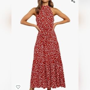 Polka dot sleeveless tie waist maxi dress